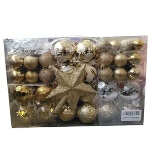 100ct Gold Christmas Ornaments set with 8 different types of Ornaments plus Star